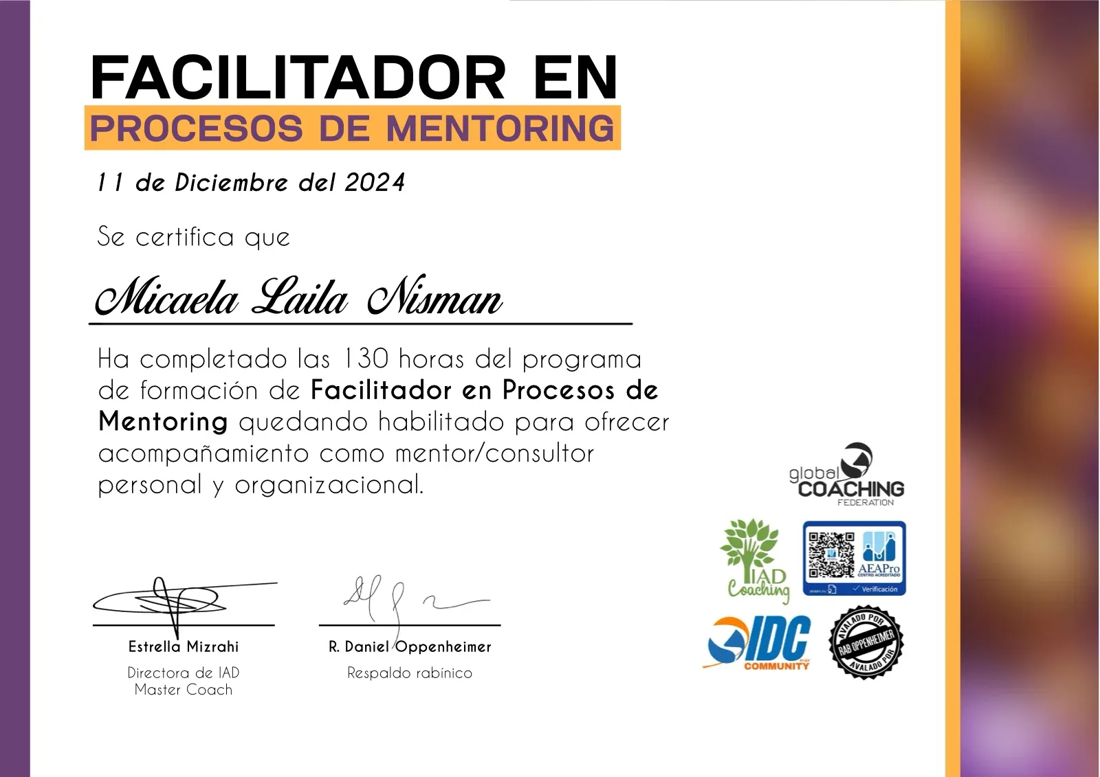Certificado de Facilitador en Procesos de Mentoring, de IAD Coaching, a nombre de Micaela Laila Nisman, 130 horas de formación.