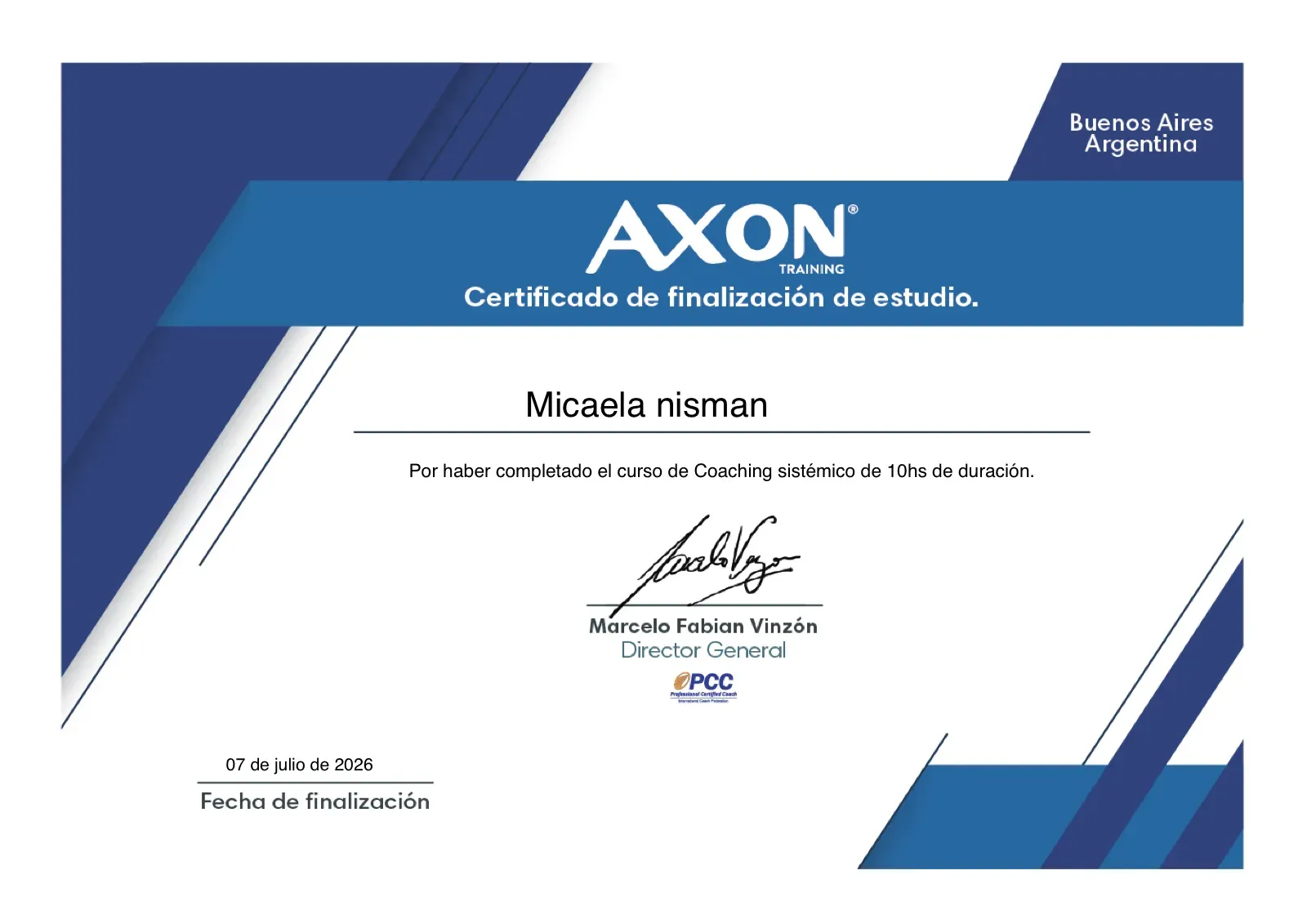 Certificado de finalización del curso de Coaching sistémico de 10 horas, de Axon Training, a nombre de Micaela Nisman.